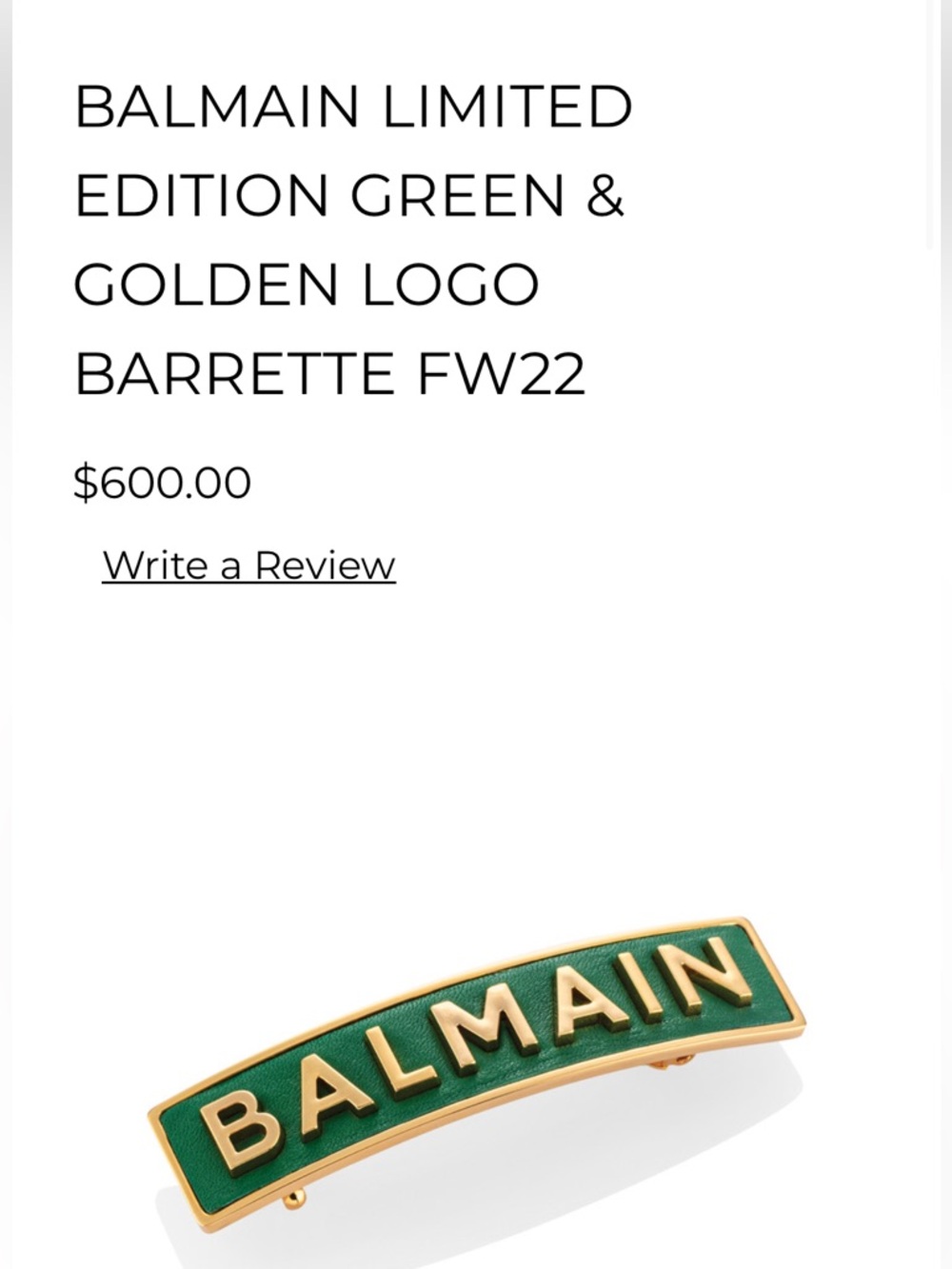 BALMAIN LIMITED EDITION GREEN & GOLDEN LOGO BARRETTE FW22 small